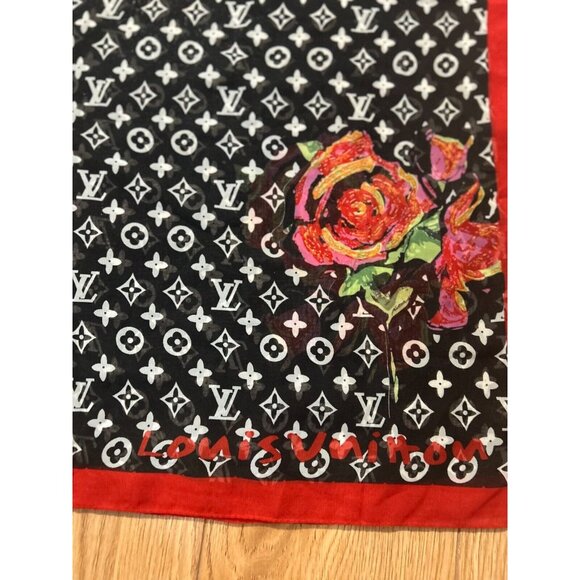 Louis Vuitton Rose Graffiti Scarf Monogram Red Black Spellout All Over Pattern - Picture 1 of 4